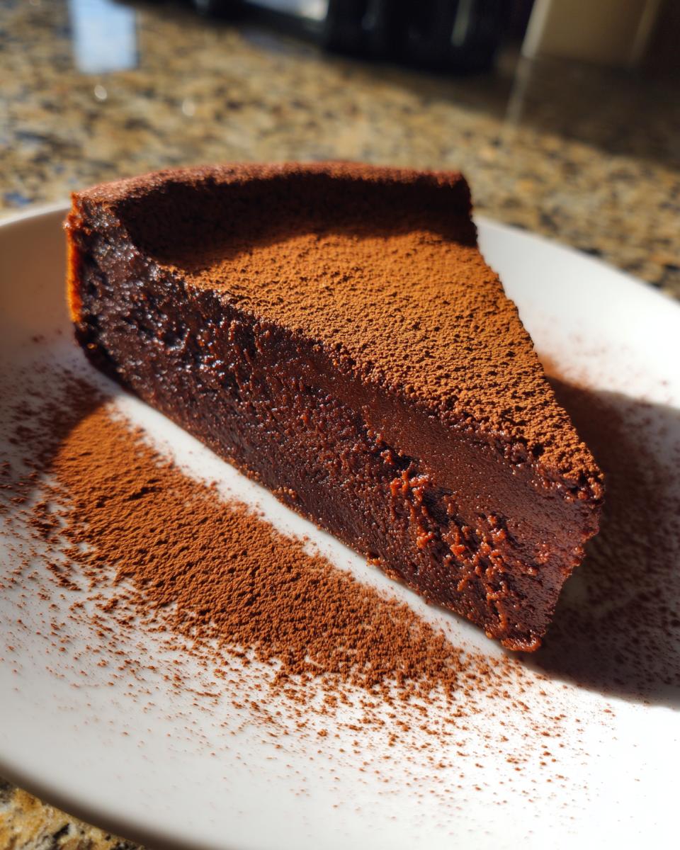 A dense, rich slice of flourless chocolate torte dusted heavily with cocoa powder on a white plate.