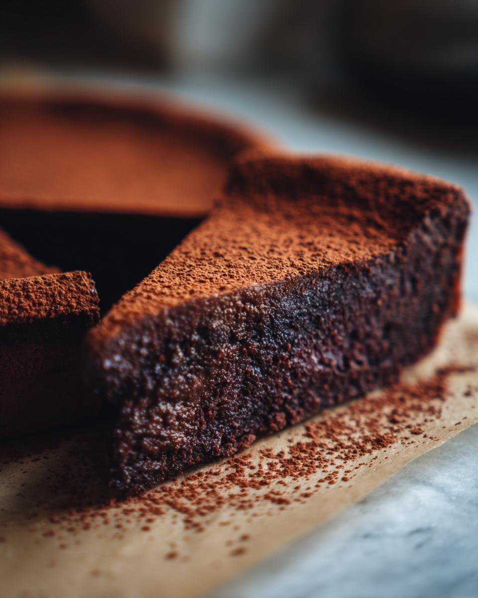 Close-up of a rich, dark slice of flourless chocolate torte dusted heavily with cocoa powder.