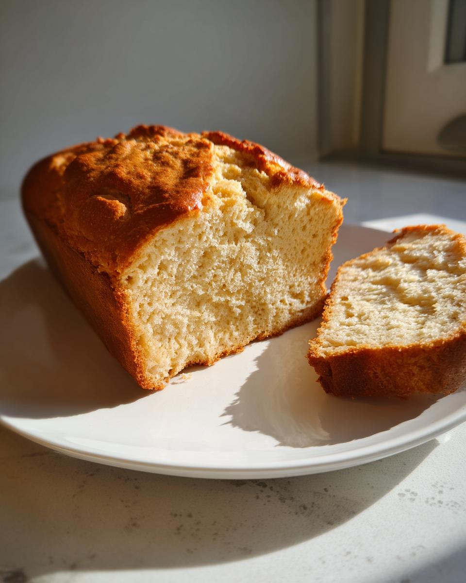 A golden-brown loaf of fluffy beer bread, partially sliced, resting on a white plate in bright sunlight.