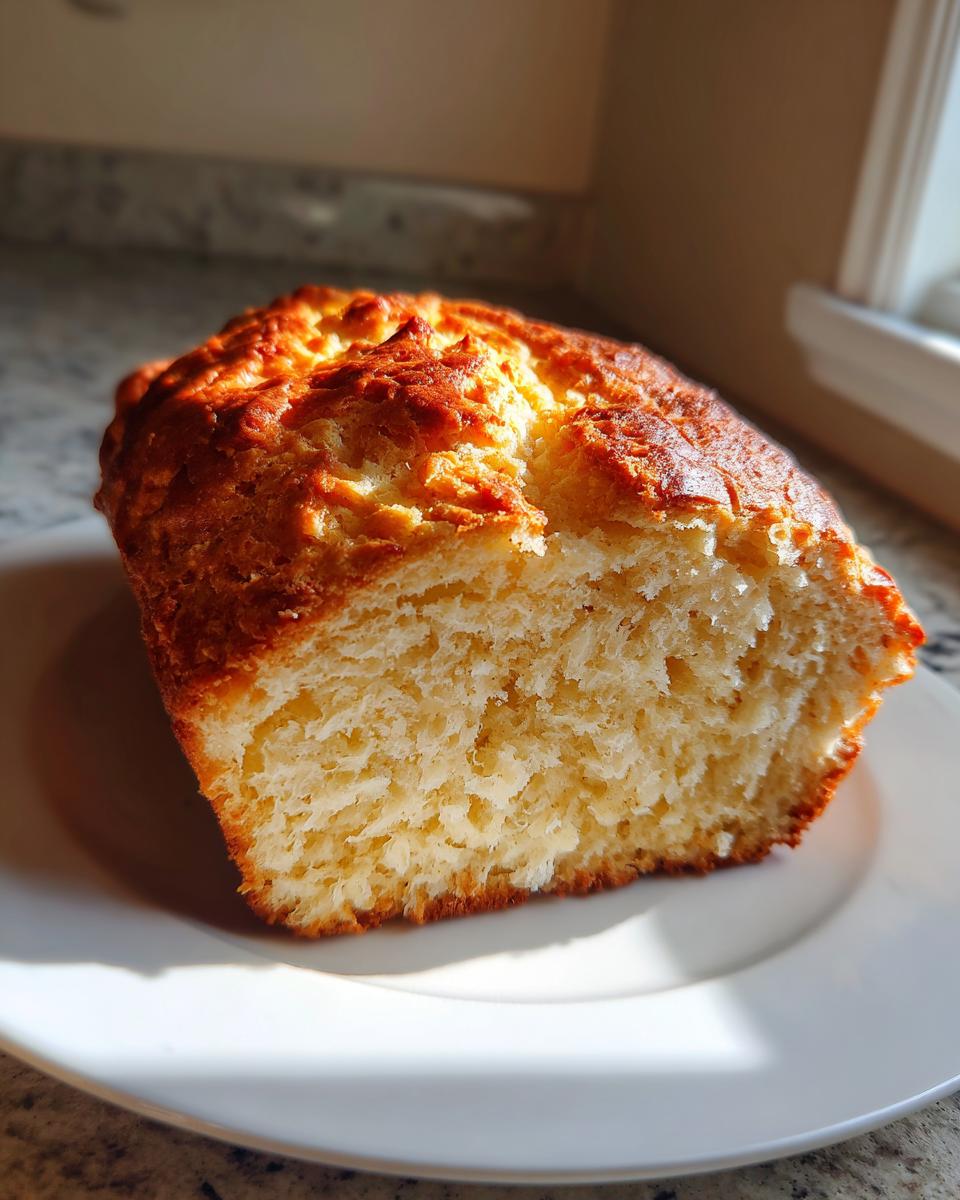 A close-up of a slice of fluffy, golden-brown 3-ingredient beer bread resting on a white plate.