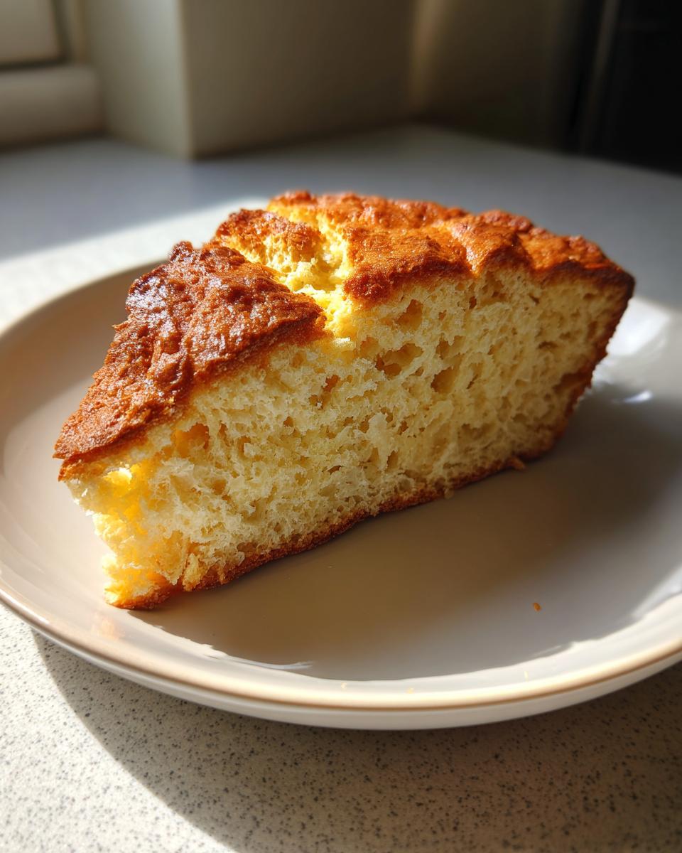 A thick slice of golden-brown beer bread showing its fluffy, airy interior texture on a light plate.