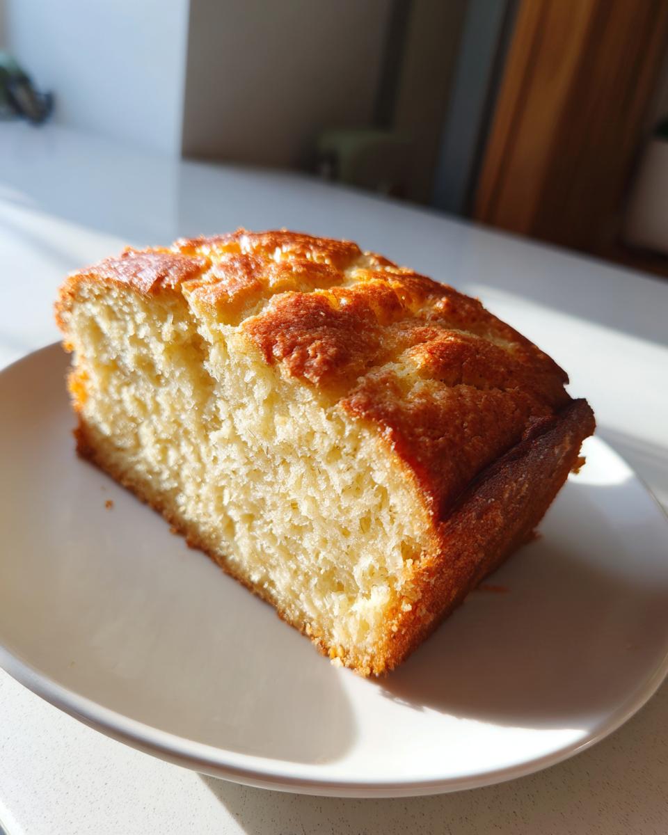 A slice of golden brown, fluffy 3-ingredient beer bread resting on a white plate in bright sunlight.