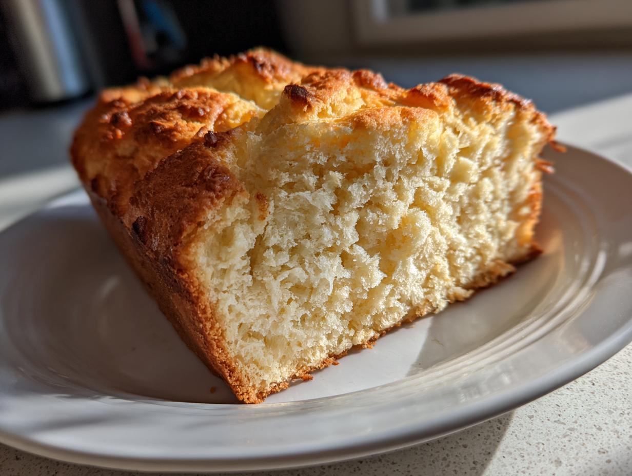 Close-up of a slice of fluffy, golden-brown 3-ingredient beer bread resting on a white plate.