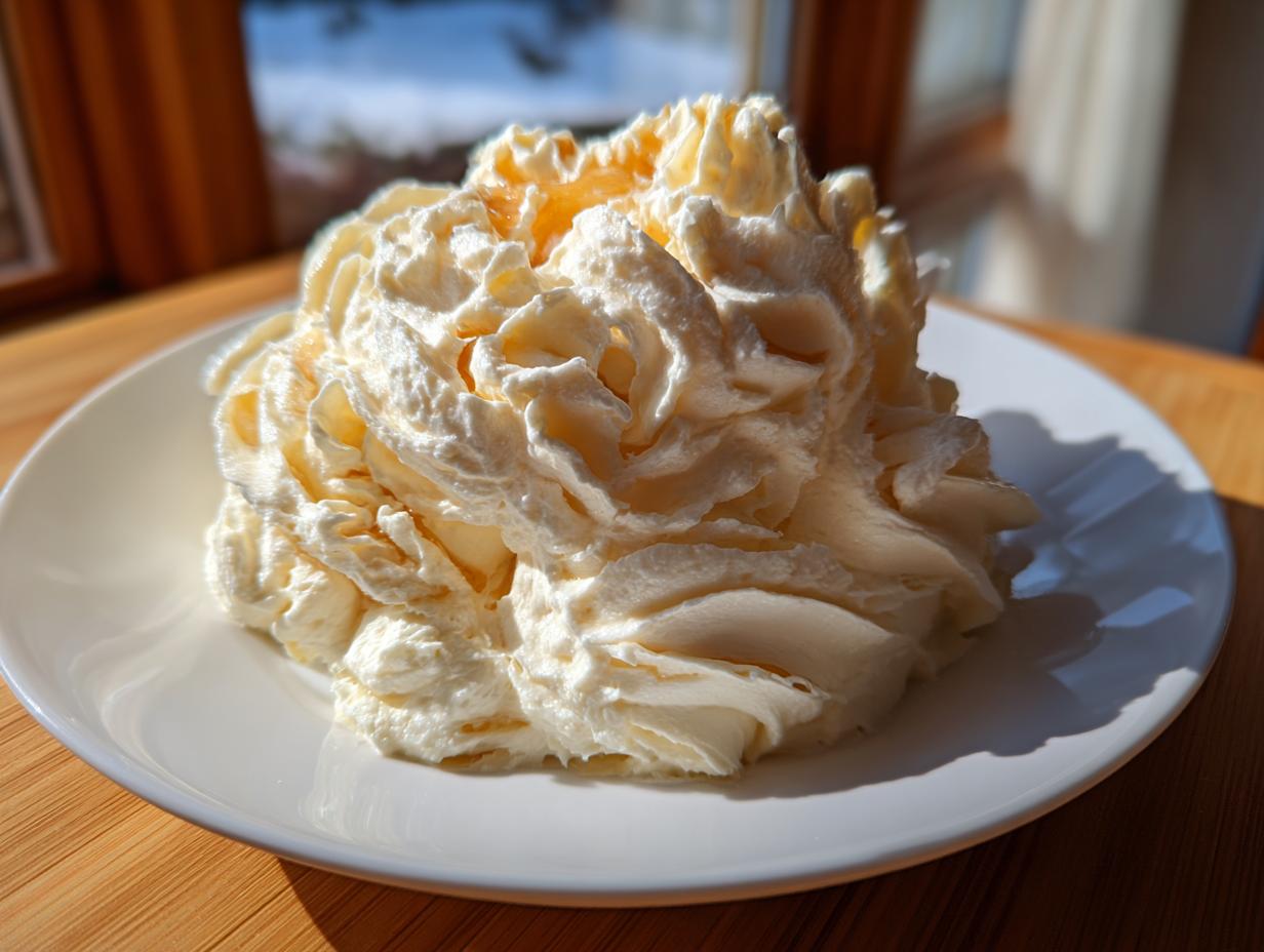A large, beautifully piped dollop of creamy honey butter recipe served on a small white plate.