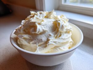 A white bowl filled with freshly whipped, fluffy vanilla buttercream frosting sitting on a countertop near a window.