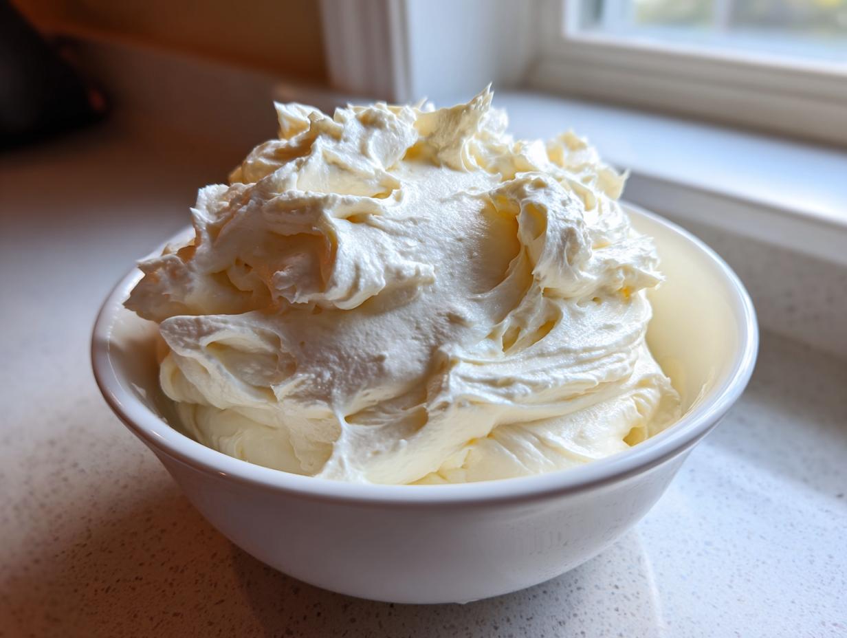 A white bowl filled with freshly whipped, fluffy vanilla buttercream frosting sitting on a countertop near a window.