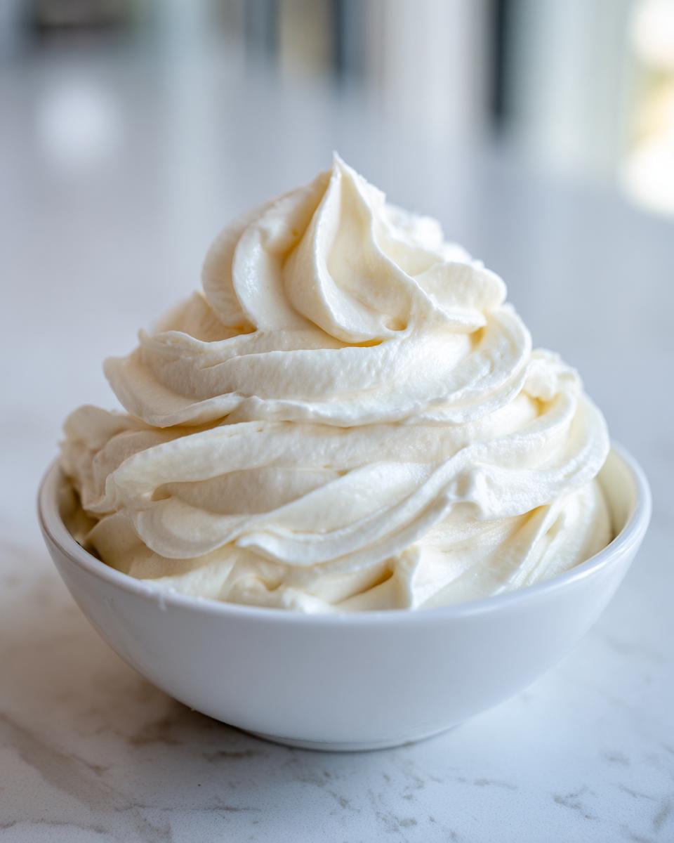 A close-up of fluffy, piped vanilla buttercream frosting swirled high in a small white bowl.