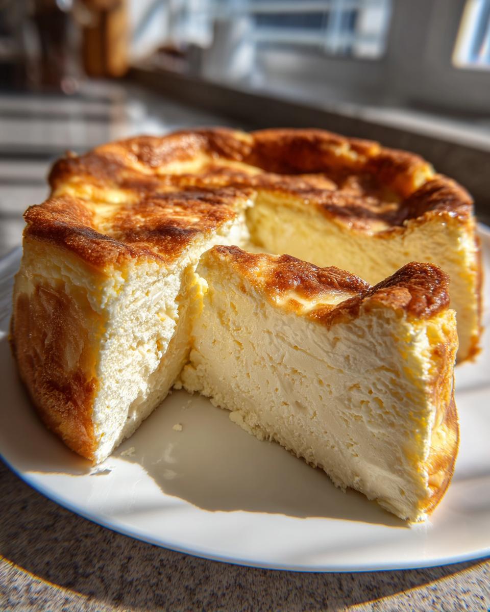 A slice cut from a fluffy, baked white chocolate cheesecake showing its creamy interior and deeply browned top.