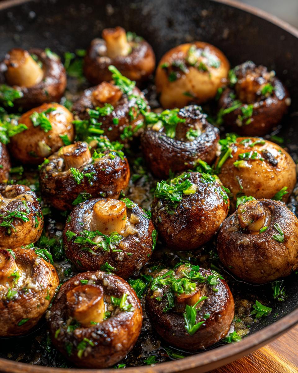 Close-up of perfectly cooked garlic butter mushrooms glistening in a dark skillet, topped with fresh parsley.