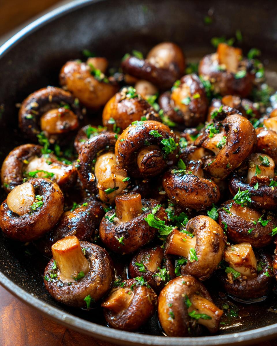 Close-up of perfectly sautéed Garlic Butter Mushrooms glistening in a dark skillet, topped with fresh parsley.