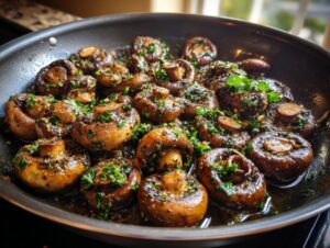Close-up of whole brown mushrooms sizzling in a dark pan with rich garlic butter sauce and fresh parsley, showcasing the finished garlic butter mushrooms.