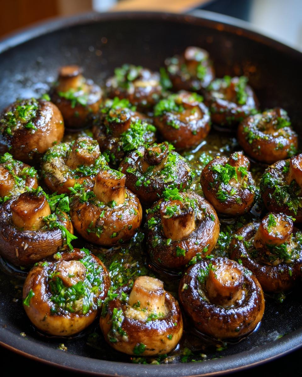 Close-up of whole button mushrooms sizzling in a dark skillet, coated in rich garlic butter and fresh parsley.