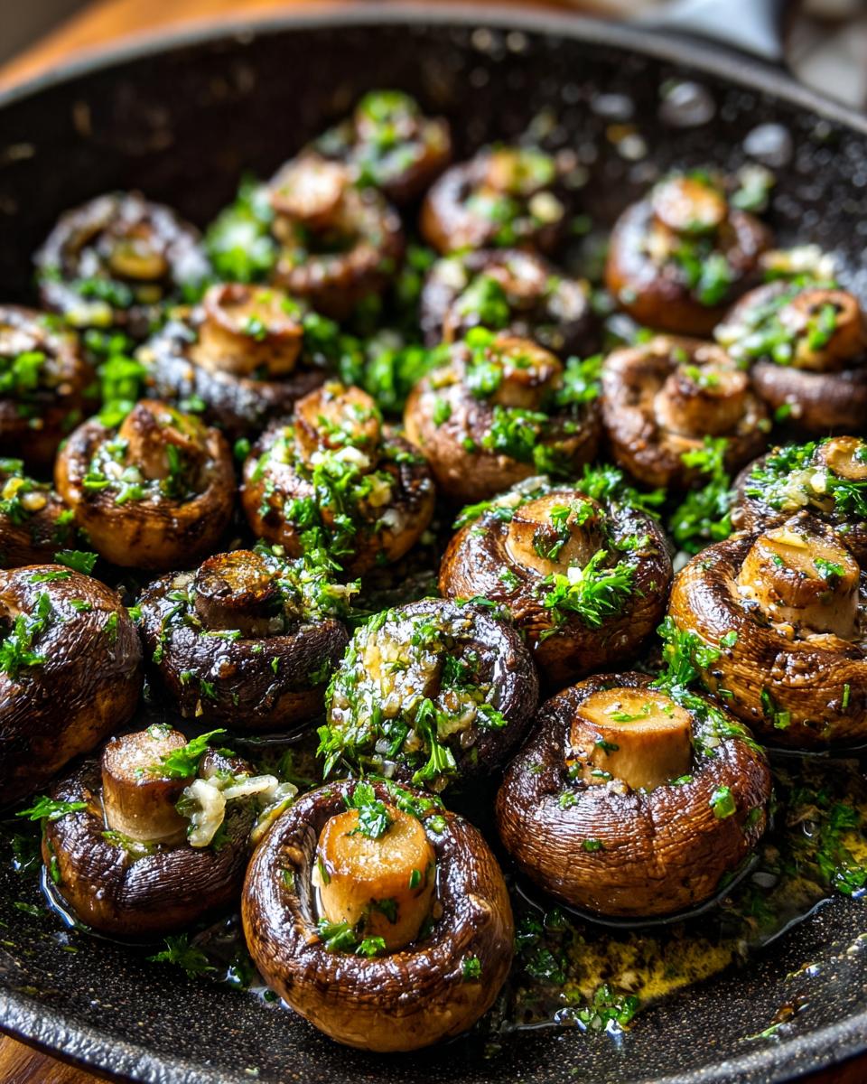 Close-up of whole, browned mushrooms glistening with garlic butter and topped with fresh parsley, ready to serve.