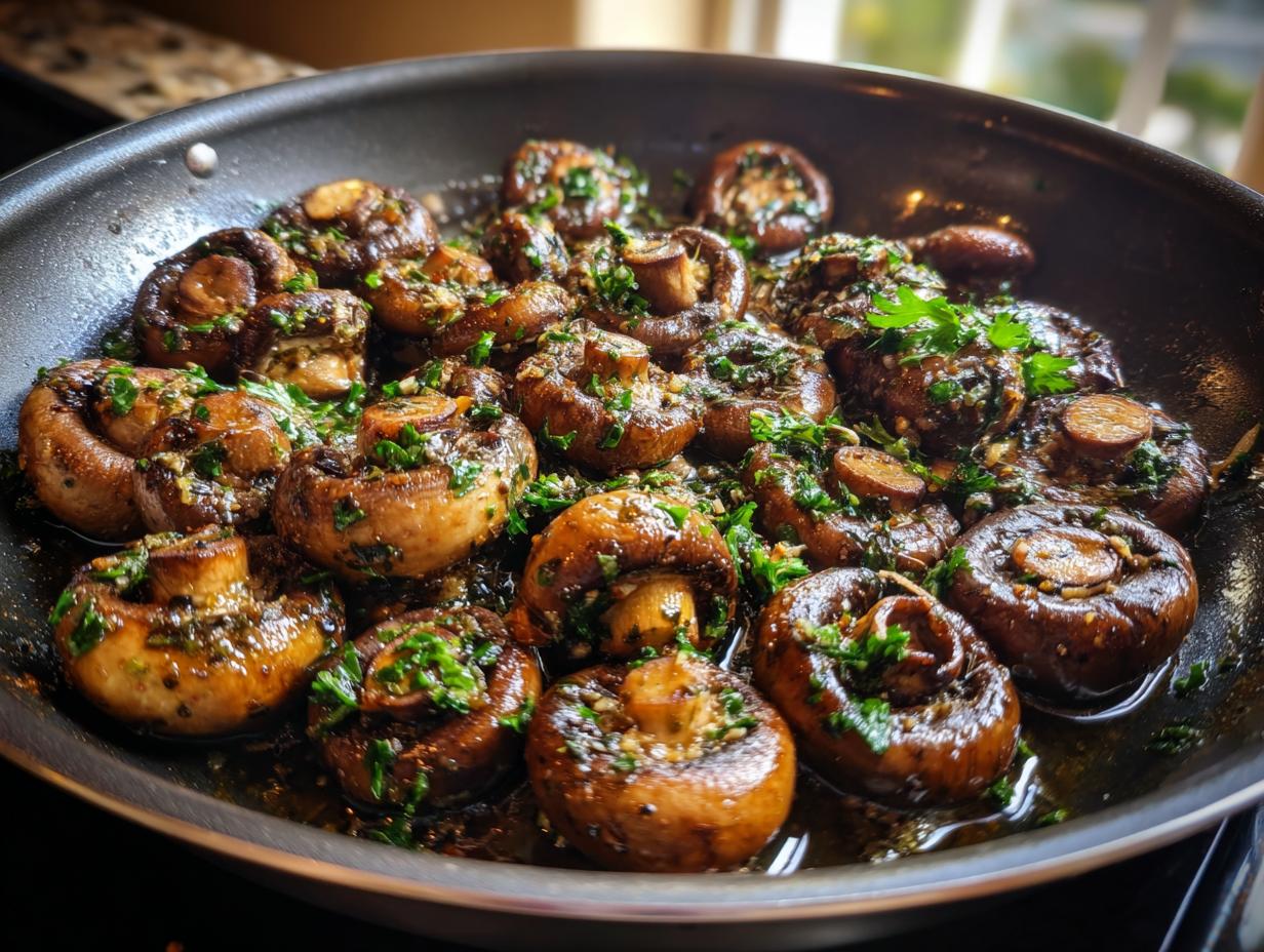 Close-up of whole brown mushrooms sizzling in a dark pan with rich garlic butter sauce and fresh parsley, showcasing the finished garlic butter mushrooms.