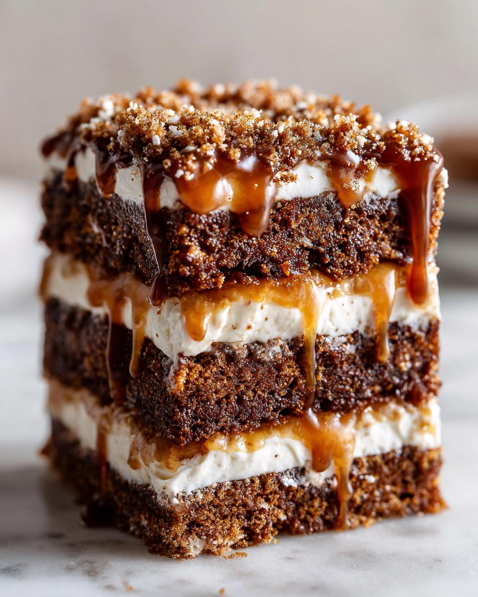 Close-up of a rich slice of gingerbread trifle featuring layers of dark cake, white cream, and dripping caramel sauce.