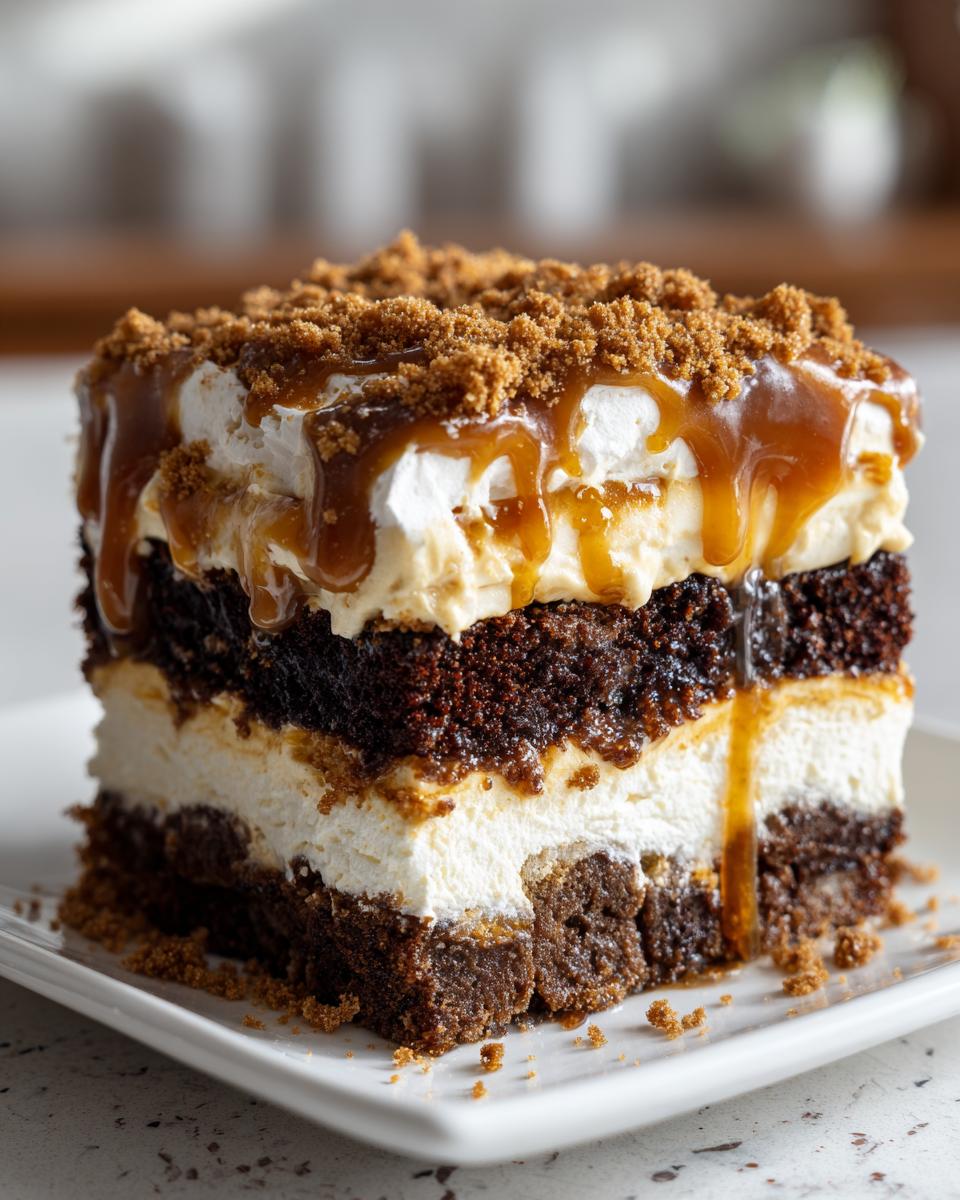 A rich, layered slice of gingerbread trifle featuring dark cake, cream filling, caramel sauce, and crumb topping.