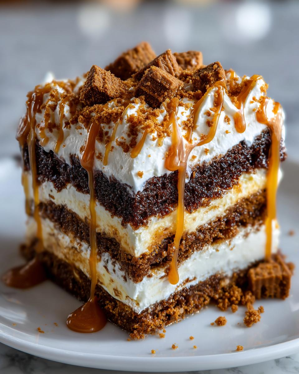 A rich, layered slice of gingerbread trifle topped with whipped cream, caramel drizzle, and cookie pieces.