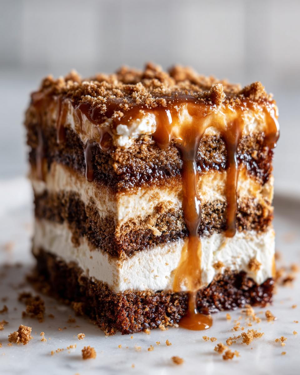 Close-up of a layered slice of gingerbread trifle topped with caramel sauce and crumbs.