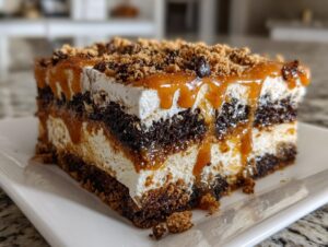 Close-up of a layered slice of gingerbread trifle featuring dark cake, cream, and dripping caramel sauce.
