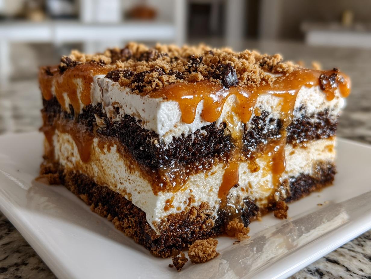 Close-up of a layered slice of gingerbread trifle featuring dark cake, cream, and dripping caramel sauce.