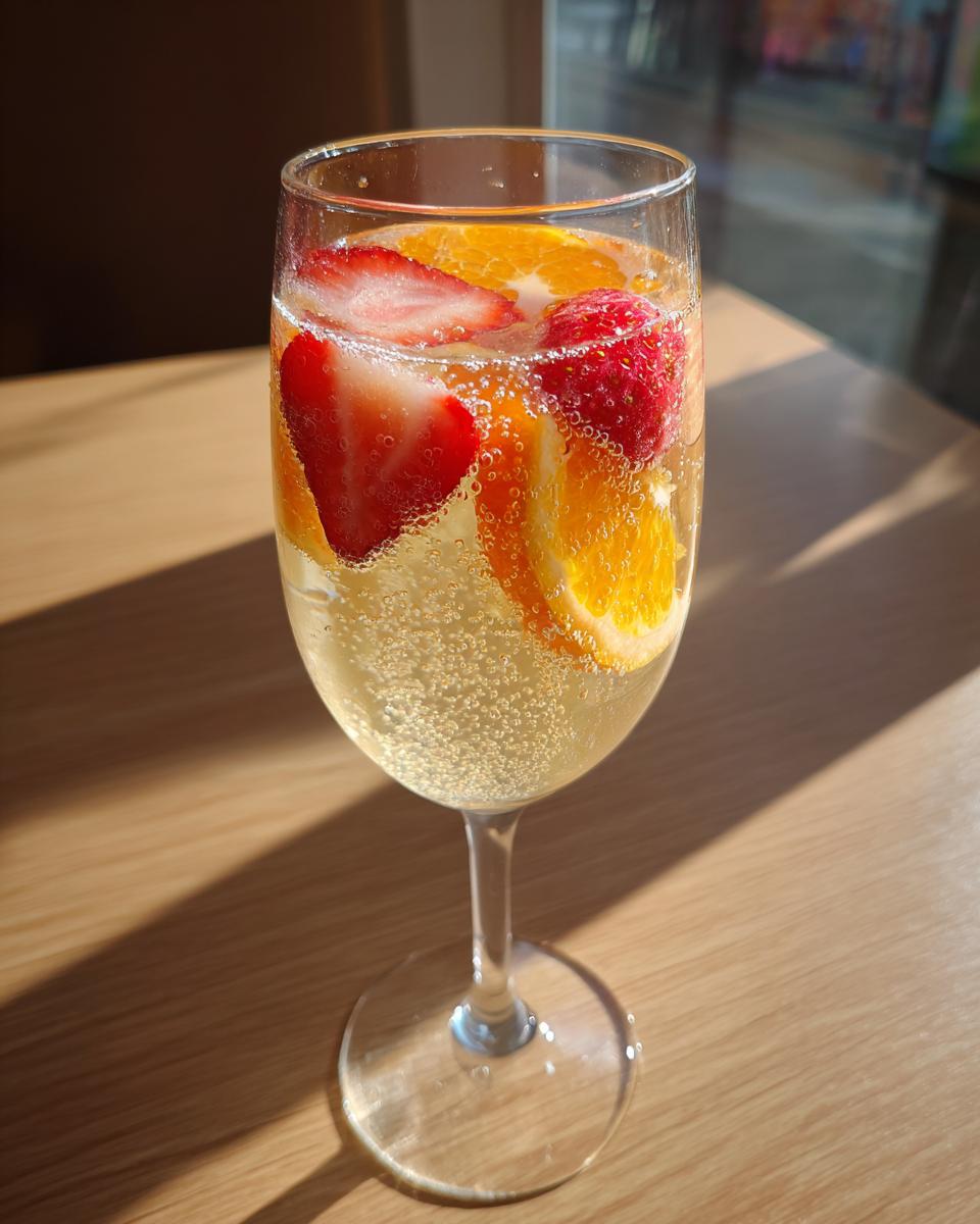 Close-up of a glass of bubbly champagne punch garnished with fresh strawberries and orange slices.