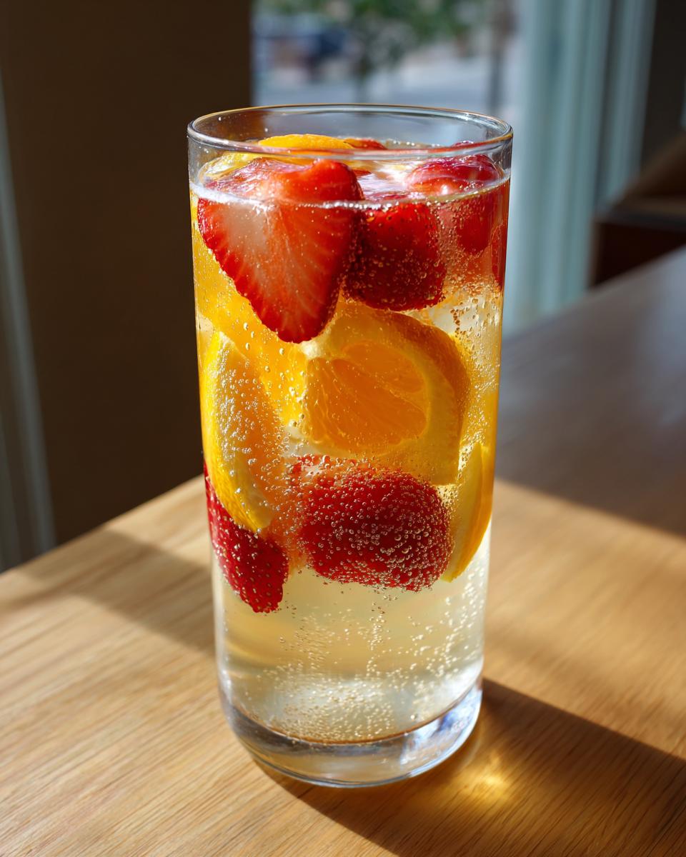Close-up of a tall glass filled with bubbly champagne punch, garnished with bright strawberries and orange slices.