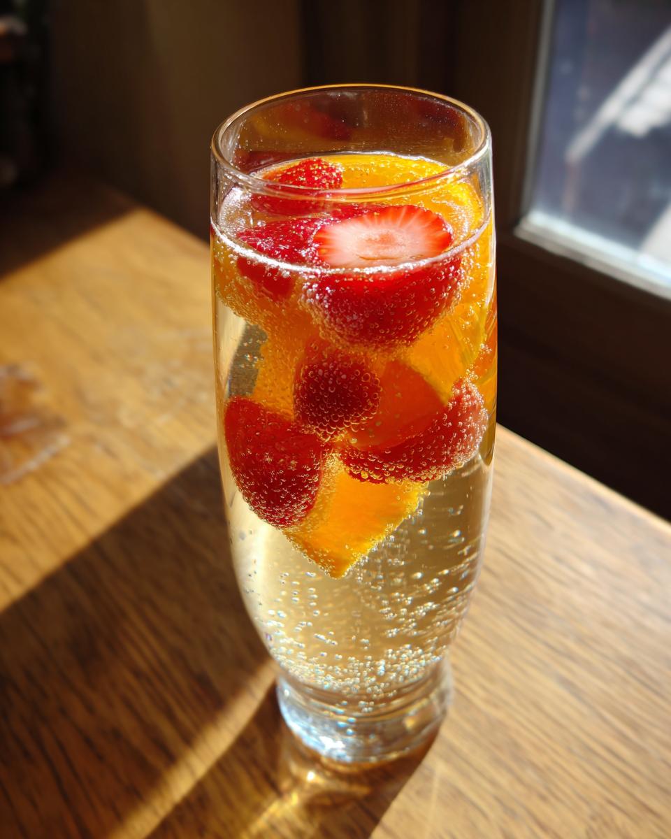 Close-up of a tall glass filled with bubbly champagne punch, garnished with bright strawberries and orange slices.
