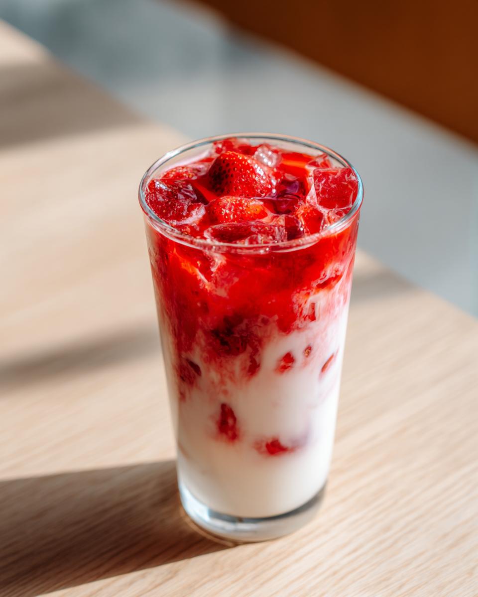 A tall glass showing layers of white milk and bright red strawberry puree and chunks, making delicious strawberry milk.