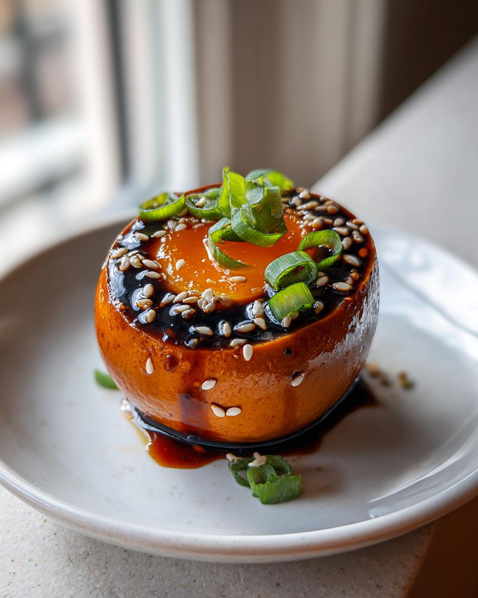 A single, deeply colored marinated eggs, topped with a runny yolk, soy glaze, sesame seeds, and sliced green onions.