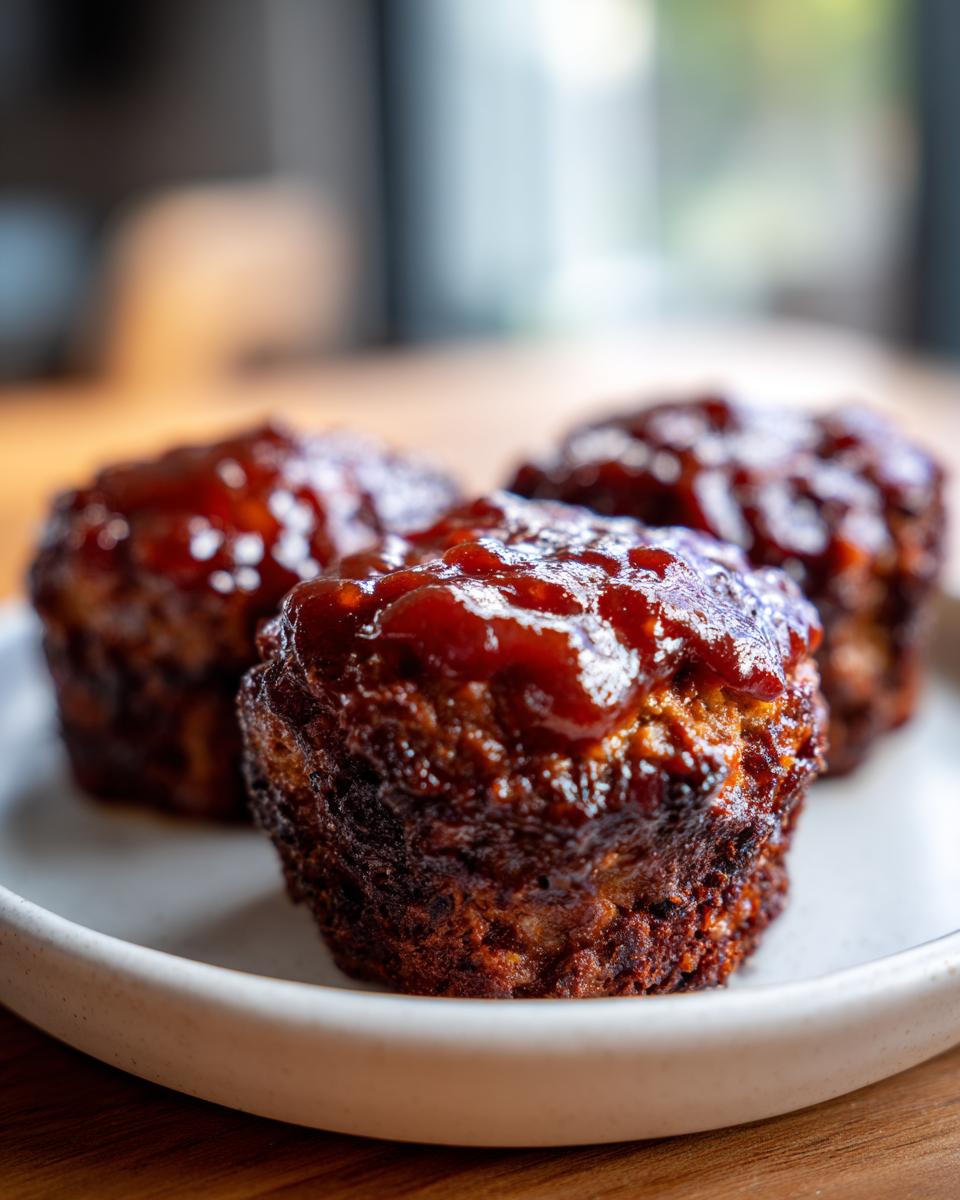 Three perfectly baked mini meatloaf portions topped with a thick, shiny glaze, served on a white plate.