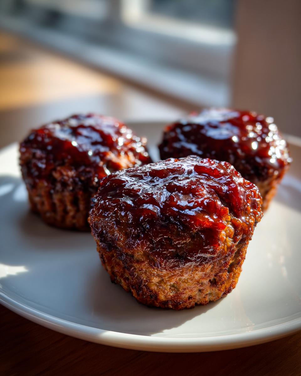 Three perfectly baked mini meatloaf portions topped with a shiny, dark red glaze, resting on a white plate.