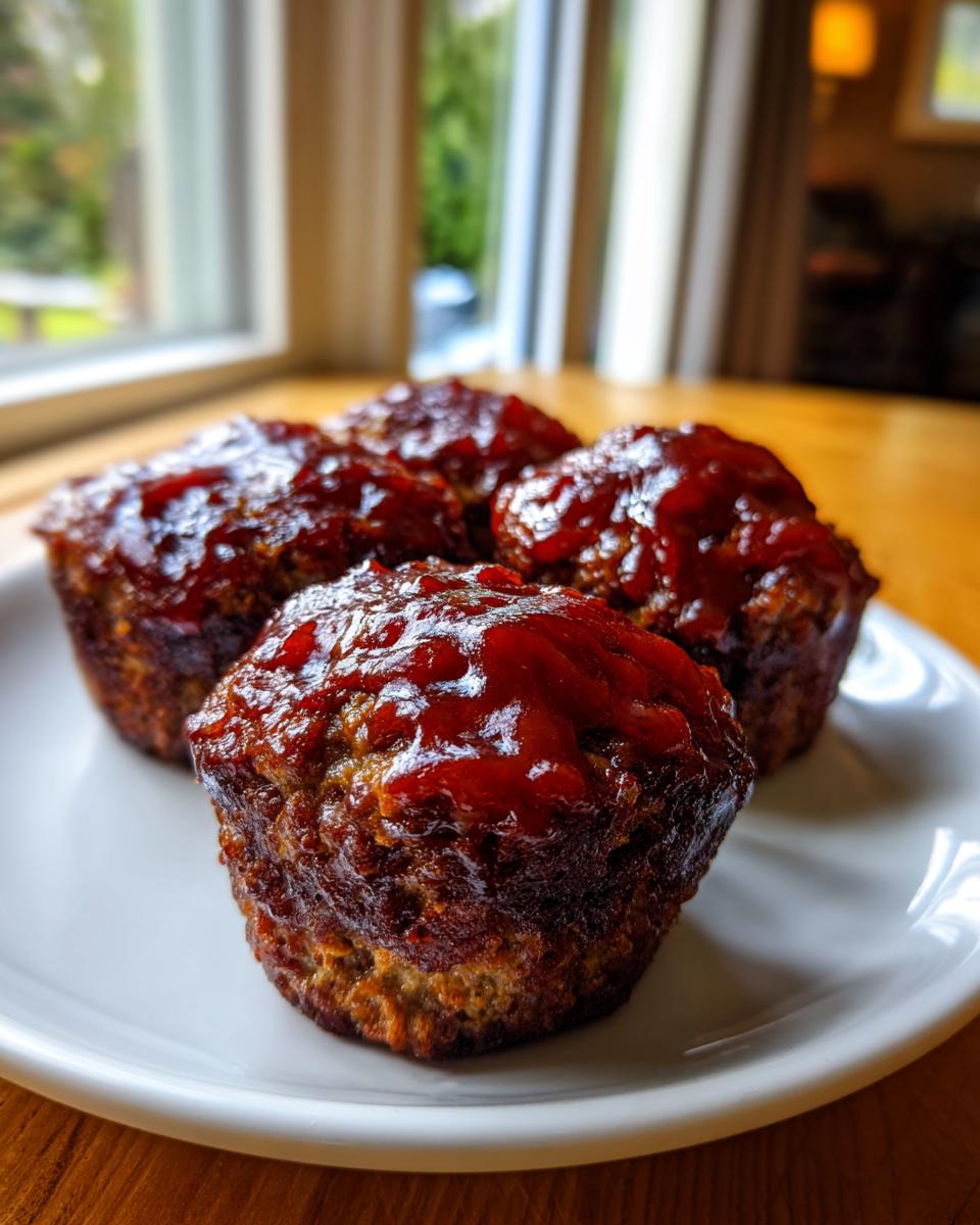 Four perfectly cooked mini meatloaf portions topped with a thick, shiny red glaze, resting on a white plate.
