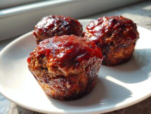 Three perfectly portioned mini meatloaf items with a shiny, dark red glaze, sitting on a white plate.