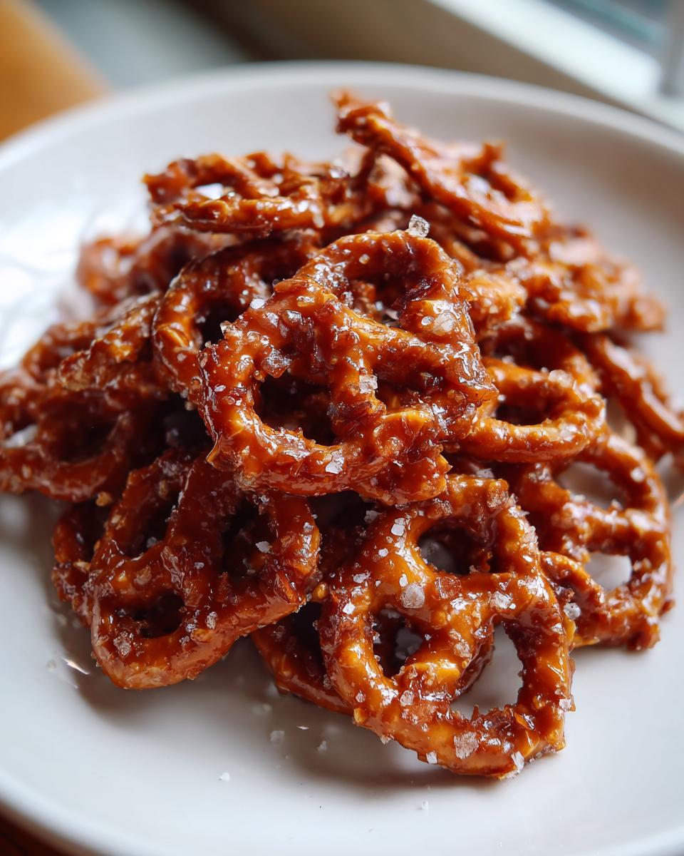 A close-up shot of a pile of shiny, glazed toffee pretzels sprinkled with coarse sea salt on a white plate.