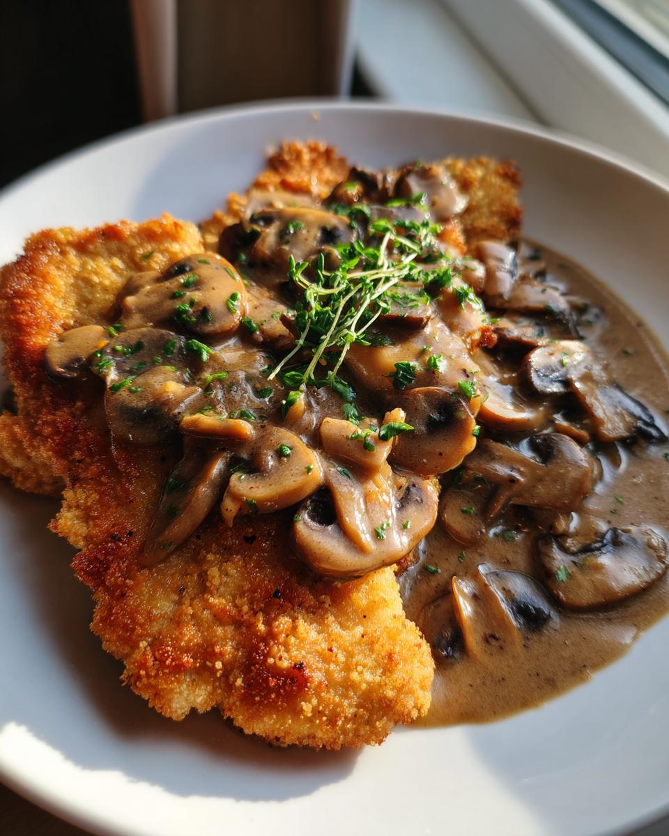 Close-up of golden, breaded chicken marsala topped generously with creamy mushroom sauce and fresh herbs.