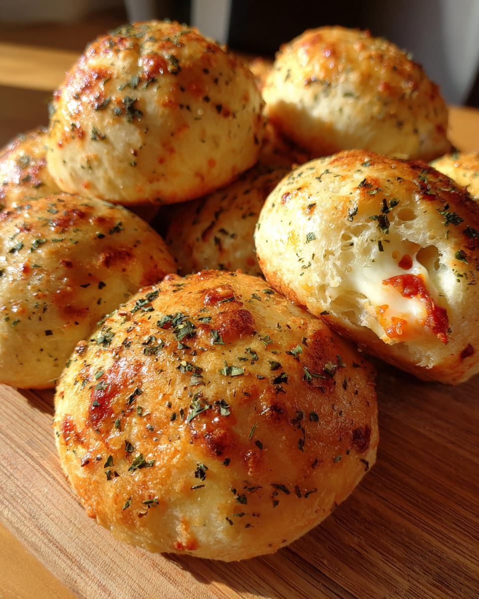 A pile of freshly baked, golden brown pizza bites topped with herbs, with one showing a gooey cheese and sauce filling.