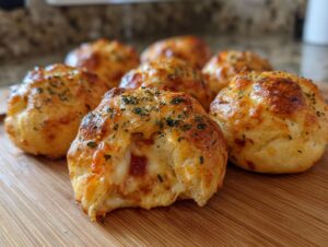 Close-up of several golden brown, cheesy pizza bites sprinkled with herbs, resting on a wooden cutting board.