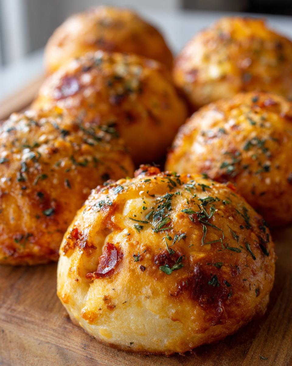 Close-up of several golden brown, baked pizza bites topped with herbs and melted cheese.