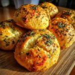 Close-up of several golden, round homemade pizza bites dusted with green herbs and spices on a wooden board.