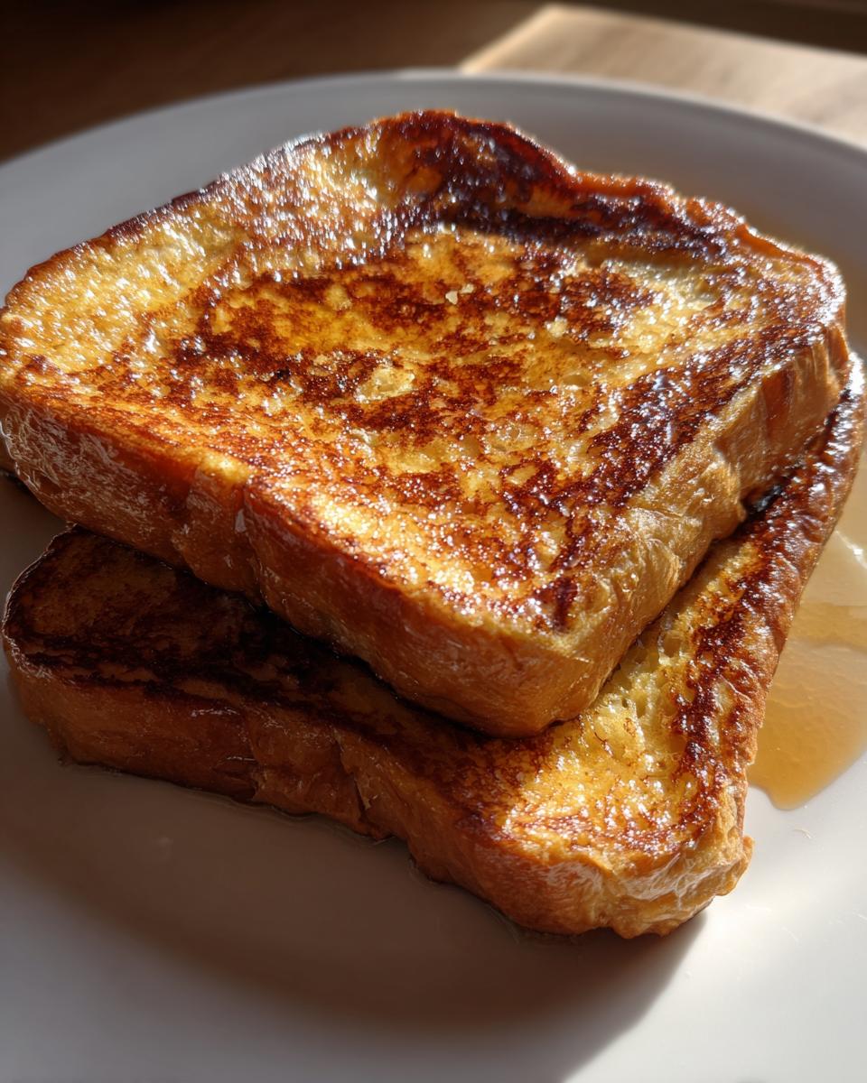 Two golden-brown slices of delicious sourdough french toast stacked on a white plate, glistening with syrup.