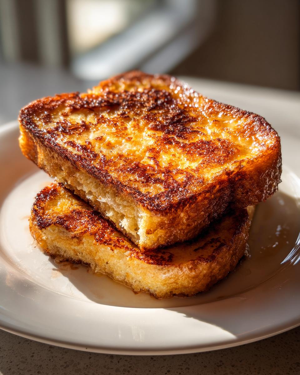 Two thick slices of golden brown sourdough french toast stacked on a white plate, glistening with syrup.