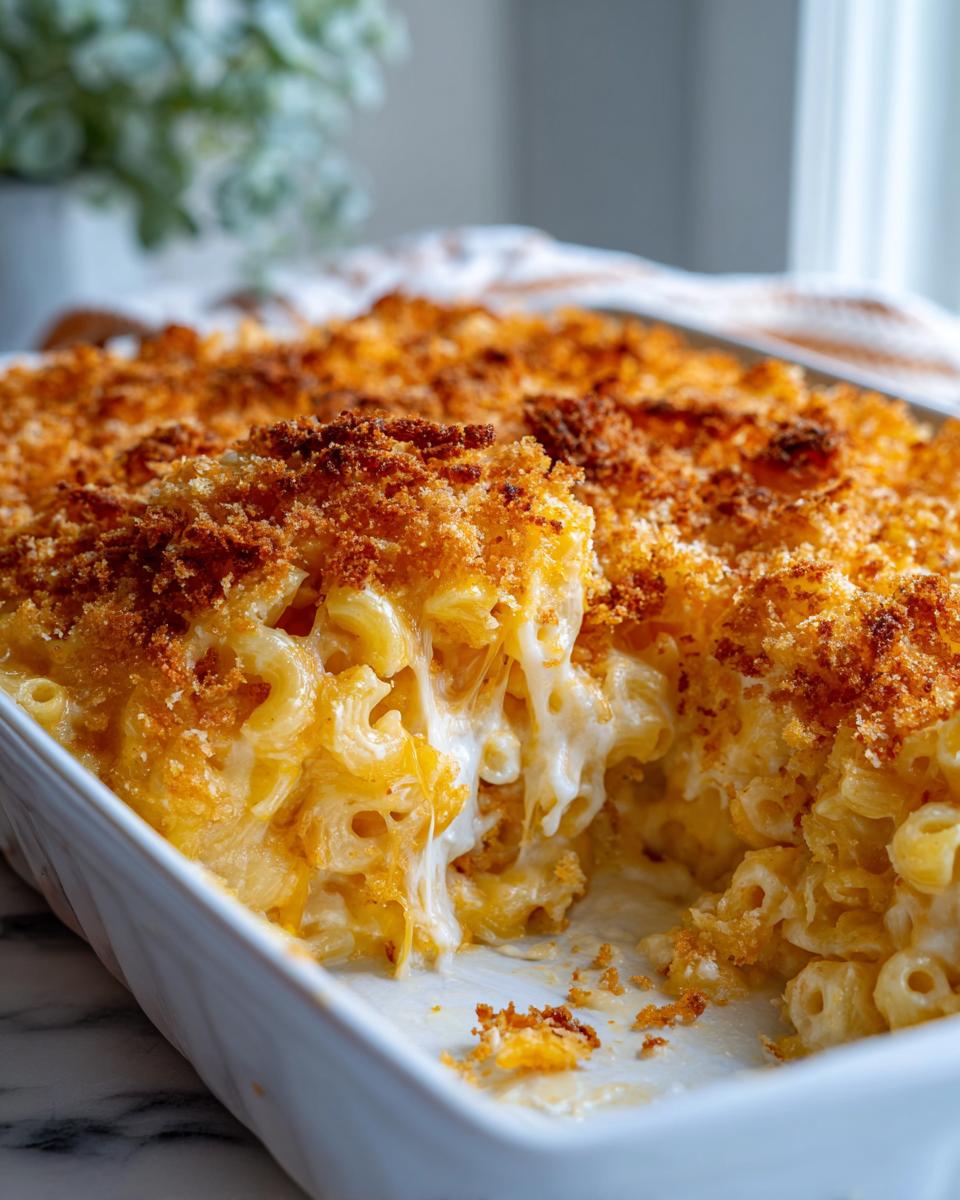 A serving spoon has pulled a portion from a white baking dish of baked mac and cheese, showing gooey cheese pulls and a golden brown crust.