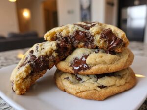 Stack of three gooey cream cheese chocolate chip cookies, one broken open showing melted centers.