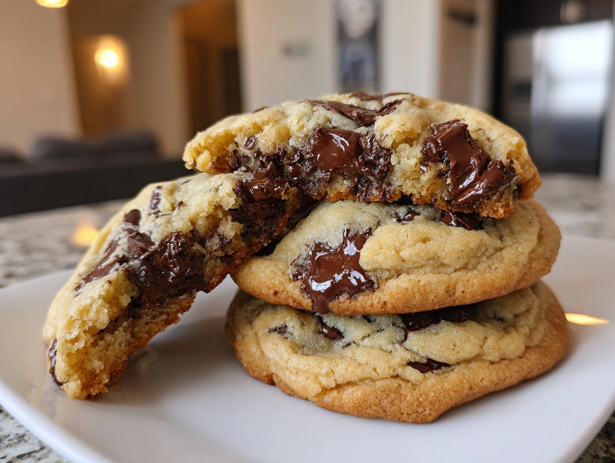 Stack of three gooey cream cheese chocolate chip cookies, one broken open showing melted centers.