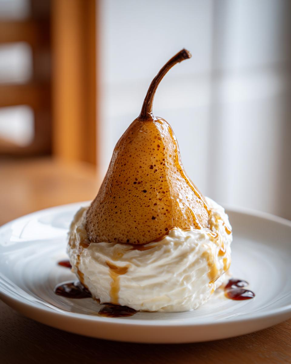 A single, glistening, caramelized poached pear served atop a mound of whipped cream with caramel drizzle.
