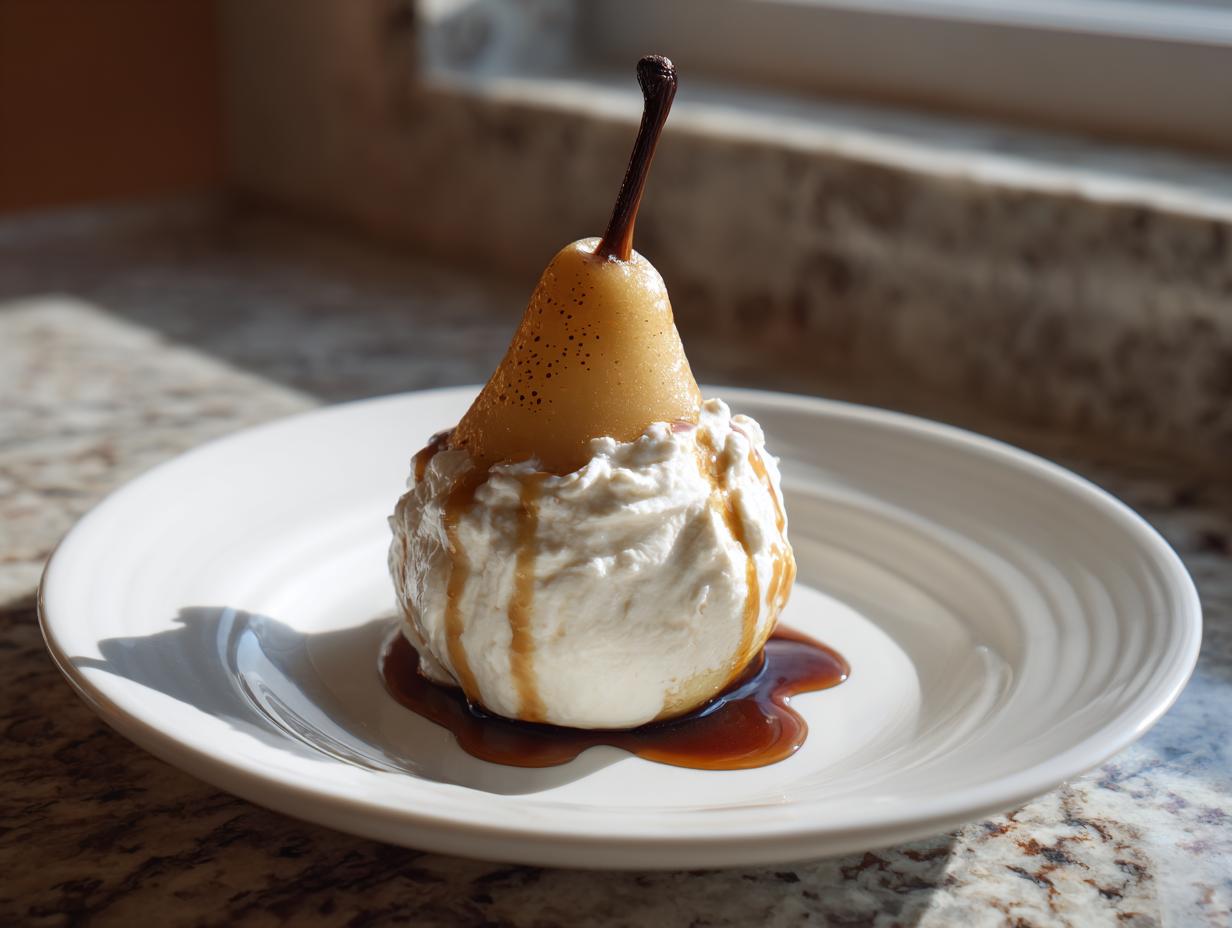 A single, beautifully glazed poached pear served atop a mound of whipped cream, drizzled with caramel sauce.