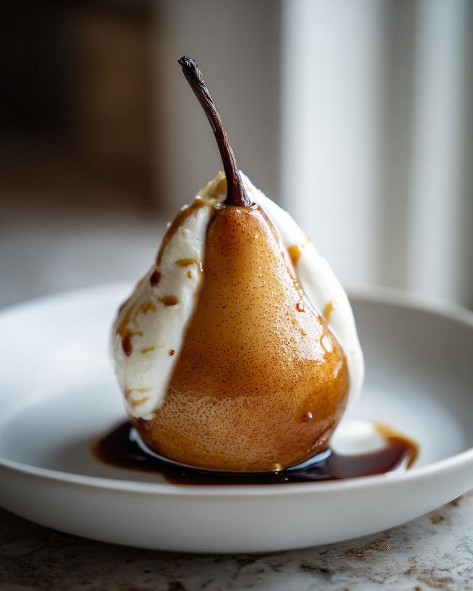 A single, beautifully caramelized poached pears topped with whipped cream and drizzled with dark syrup.