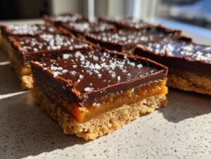 Close-up of layered graham cracker toffee bars topped with dark chocolate and flaky sea salt.