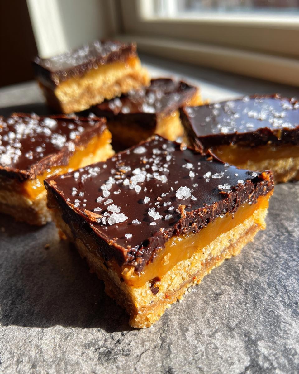 Close-up of layered graham cracker toffee bars topped with dark chocolate and flaky sea salt.