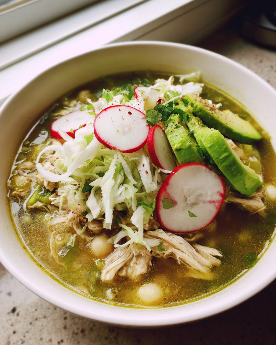 A close-up of a bowl of green chicken pozole, topped with shredded cabbage, radish slices, and avocado.